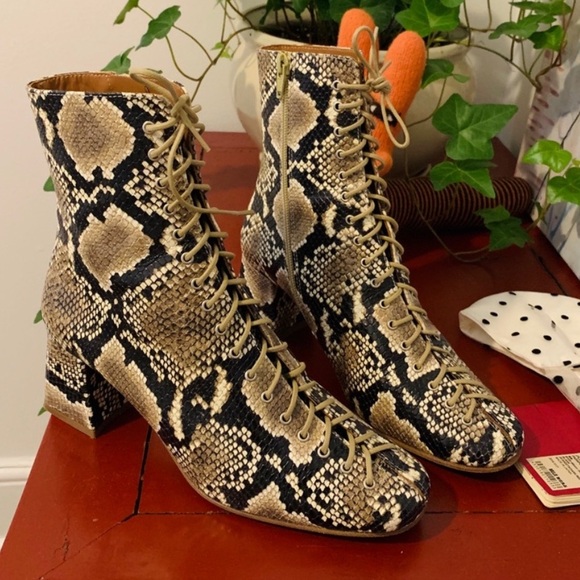 By Far Size 38 Becca Snakeskin Lace Up Heeled Boots - Picture 2 of 6